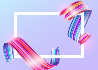 Obraz premium White Frame with Abstract Vector Paint Brush Stroke. Colorful Curl of Liquid Paint. Digital 3D Ribbon with Brush Texture. Abstract Ink Background. Creative Spiral Wave with Pink, Blue, Red Colors.