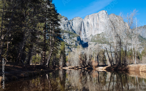 Yosemite Falls From Swinging Bridge Winter Stock Photo