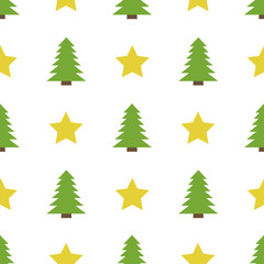 Christmas semless pattern with star and Christmas tree on white background. Vector illustration
