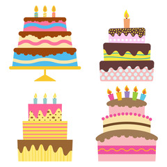 Set of four sweet birthday cake with burning candles. Colorful holiday dessert. Vector celebration background.
