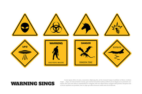Comic fantasy yellow warning signs. Set of danger stickers and icons