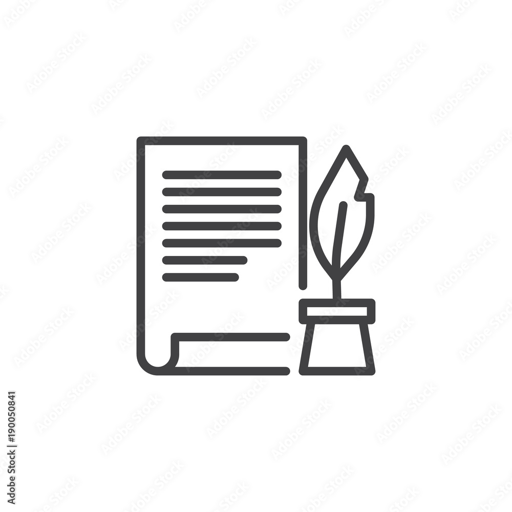 Poster ink feather pen and scroll paper line icon, outline vector sign, linear style pictogram isolated on 
