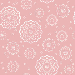 Pastel pink circle daisy flowers on white seamless pattern, vector