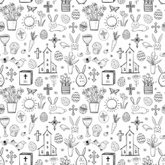 Seamless pattern with easter doodle sketches on white background © elinacious