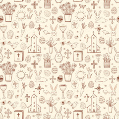 Seamless pattern with easter doodle sketches in vintage style