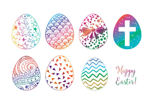 Six colored doodle sketch easter eggs on white background. Vector illustration.