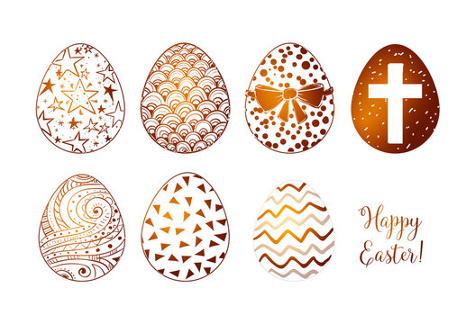 Set of hand-drawn white and chocolate ornated easter eggs on white background