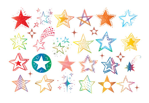 Collection of colored doodle stars on white background