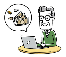 シニア男性：シニア女性：パソコンとお金
