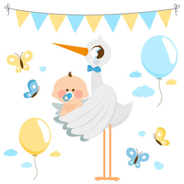 Stork delivering a new baby boy. Vector illustration collection