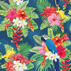 Beautiful seamless pattern with hibiscus flowers and macaw on dark blue background. Vector set of blooming tropical floral for wedding invitations, greeting card and fashion design.