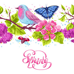 Spring garden seamless pattern. Natural illustration with blossom flower, robin birdie and butterfly