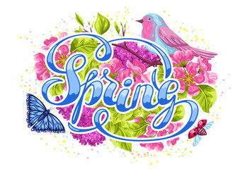 Spring garden background or greeting card. Natural illustration with blossom flower, robin birdie and butterfly