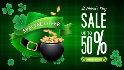 Saint Patrick's Day Sale background. Banner St. Patrick's Day Sale. Saint Patrick's Day Sale Web Banner. Festive Composition with Beer Glass, Golden Coins and Clover Leaves.