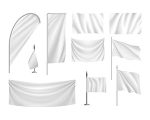 Set white flags, banners, streamers, template, isolated on white background. Vector illustration of an original mockup, collection of empty panels
