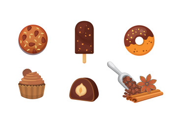 Chocolate sweet dessert icons. Organic food vector