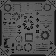Vintage set of vector horizontal, square and round elements. Different elements for design, frames, cards, menus, backgrounds and monograms. Classic dark patterns. Set of vintage patterns