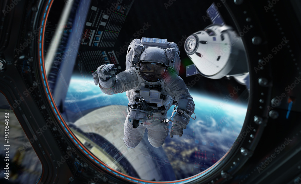 Poster astronaut working on a space station 3d rendering elements of this image furnished by nasa