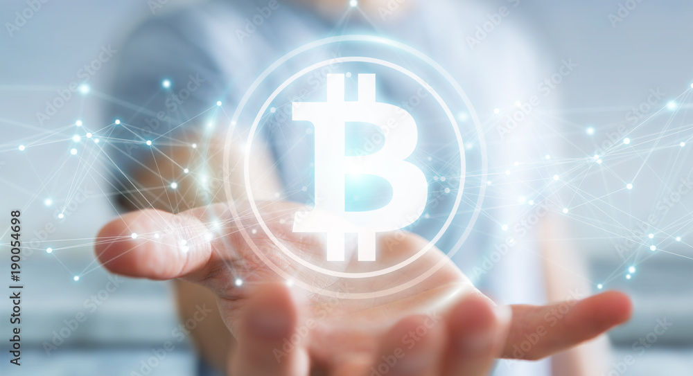 Poster businessman using bitcoins cryptocurrency 3d rendering