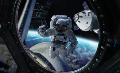 Poster Nasa Astronaut werkt aan een ruimtestation 3D-renderingelementen van deze afbeelding geleverd door NASA
