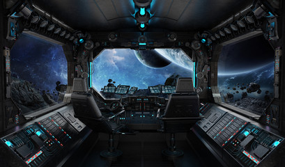 Spaceship grunge interior with view on exoplanet