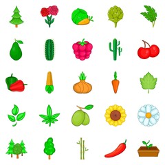 Green world icons set, cartoon style