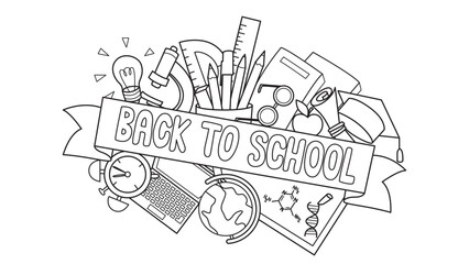 Doodle of student supplies with Back to School label in front for design element and coloring book page for kids. Vector illustration