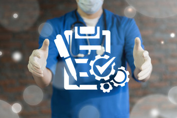 Doctor offers compliant checklist on a virtual interface. Compliance Medicine concept.