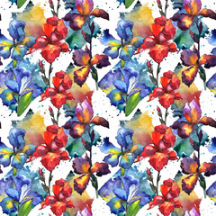 Fototapeta na wymiar Wildflower iris flower pattern in a watercolor style. Full name of the plant: iris. Aquarelle wild flower for background, texture, wrapper pattern, frame or border.