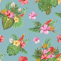 A seamless pattern with tropical plants and exotic flowers. Patterns of bouquets of exotic leaves and flowers