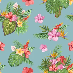 Fotobehang A seamless pattern with tropical plants and exotic flowers. Patterns of bouquets of exotic leaves and flowers © Hmarka
