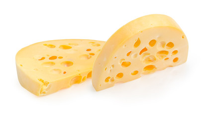 Two pieces of Swiss-type cheese on a white background