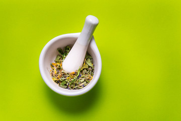 Herbs in porcelain mortar on colorful background