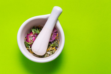 Herbs in porcelain mortar on colorful background