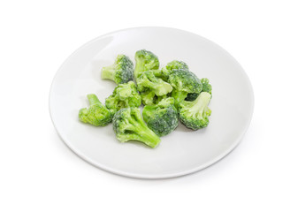 Frozen broccoli on dish on a white background