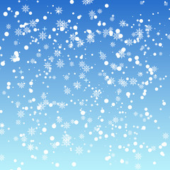 Fototapeta na wymiar Falling snowflakes on blue background for Christmas. Vector