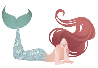 Mermaid isolated with long mane lying with her face resting on one hand