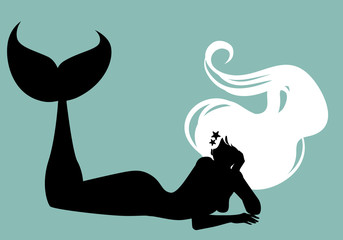 Silhouette of mermaid isolated with long mane lying with her face resting on one hand