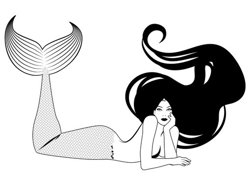 Mermaid isolated with long mane lying with her face resting on one hand