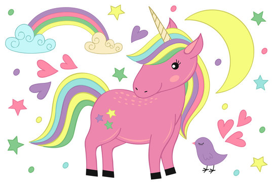 magic unicorn and bird - vector illustration, eps
