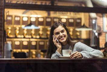 Young pretty brunette girl wears grey sweater have pleasant conversation by smartphone sitting near cafe window