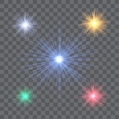 Light Glow Flare Stars Effect set on transparent background. Vector