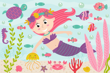 mermaid underwater with nautical animals - vector illustration, eps
