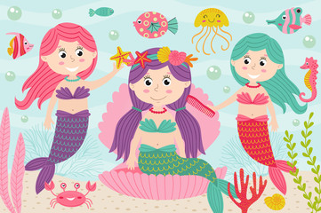 mermaids comb and decorate their hair underwater - vector illustration, eps
