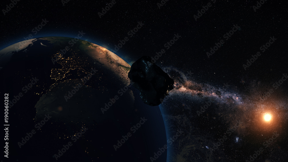Wall mural computer generated image of an asteroid coming close to planet earth. conceptual image