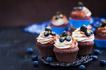 Homemade delicious chocolate cupcakes with fresh berries on top
