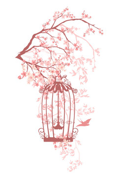 swallow bird and cage among pink flowers and tree branches - spring season floral vector design