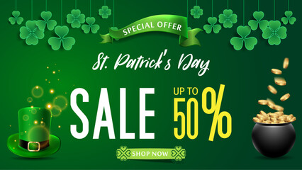 Saint Patrick's Day Sale background. Banner St. Patrick's Day Sale. Saint Patrick's Day Sale Web Banner. Festive Composition with Beer Glass, Golden Coins and Clover Leaves.