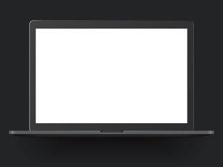 Modern black frosted open laptop on a black background. Realistic mockup laptop front view. Vector illustration