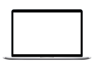 Modern open laptop with blank screen isolated on white background. Realistic laptop mockup. Computer screen front view. Vector illustration